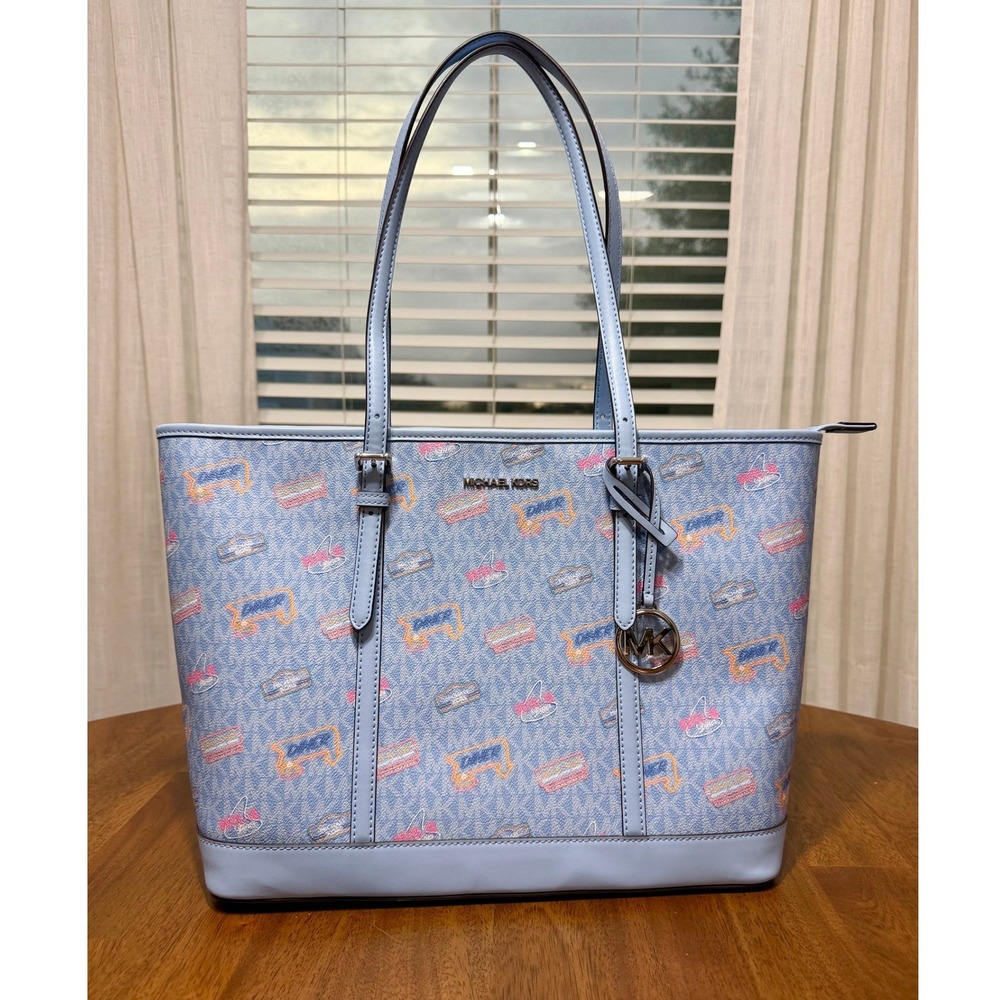 Michael Kors Jet Set Travel Large Top Zip Tote Light Sky Diner Print NWT